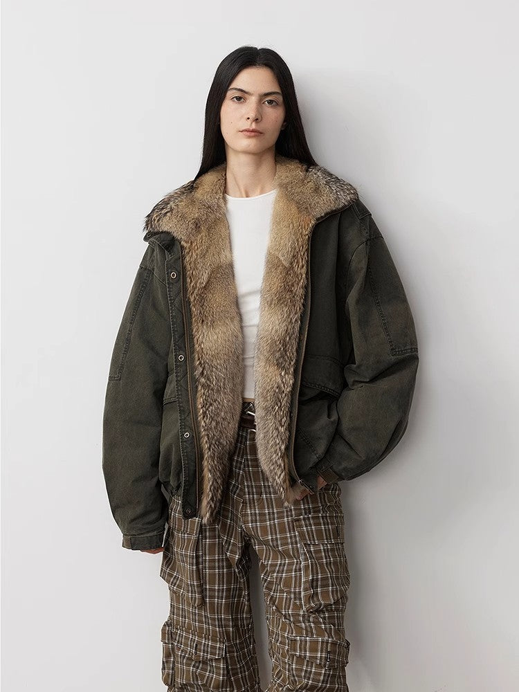 Street Fox Fur Collar 90 Goose Down Design Fashion Denim Jacket