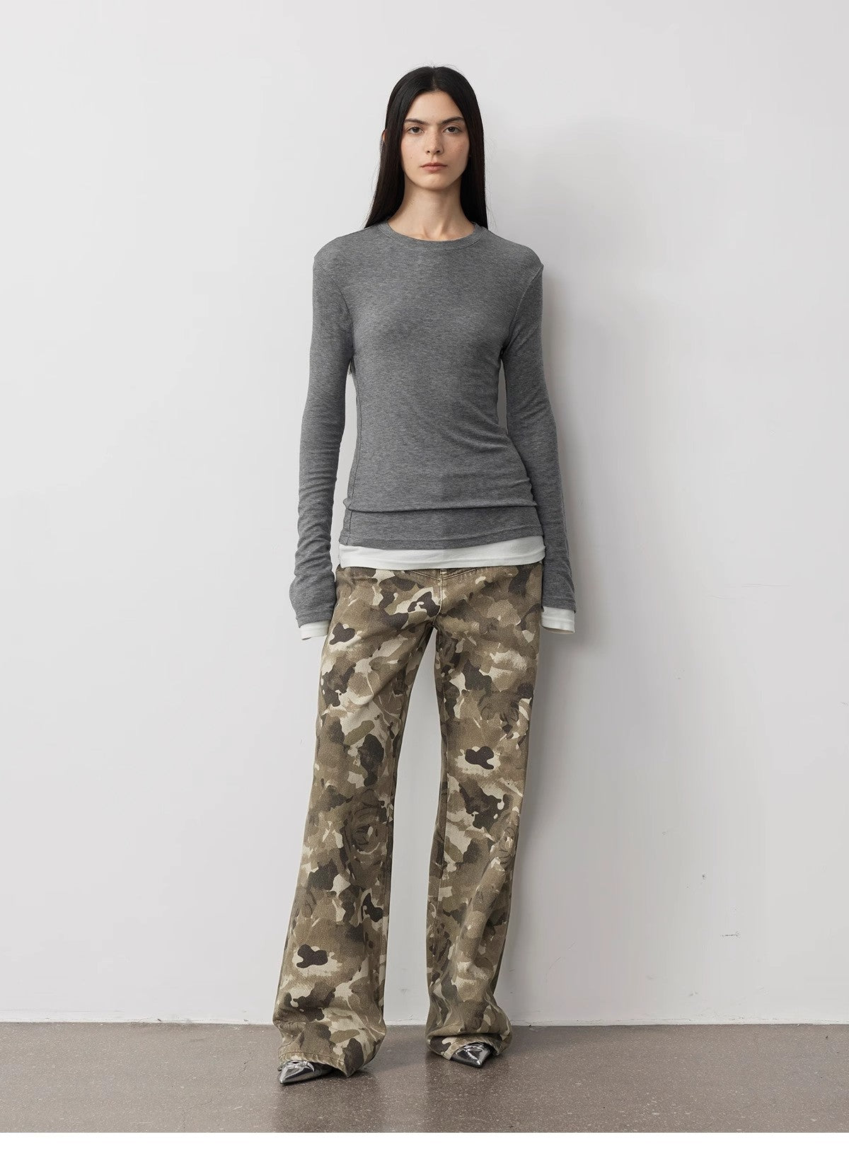 Camouflage Print Washed Loose Straight-Leg Denim Jean